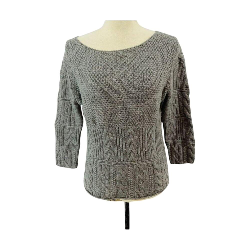 TSE Steel Melange Gray Knit Boatneck 100% Wool Sweater 3/4 Sleeves Small